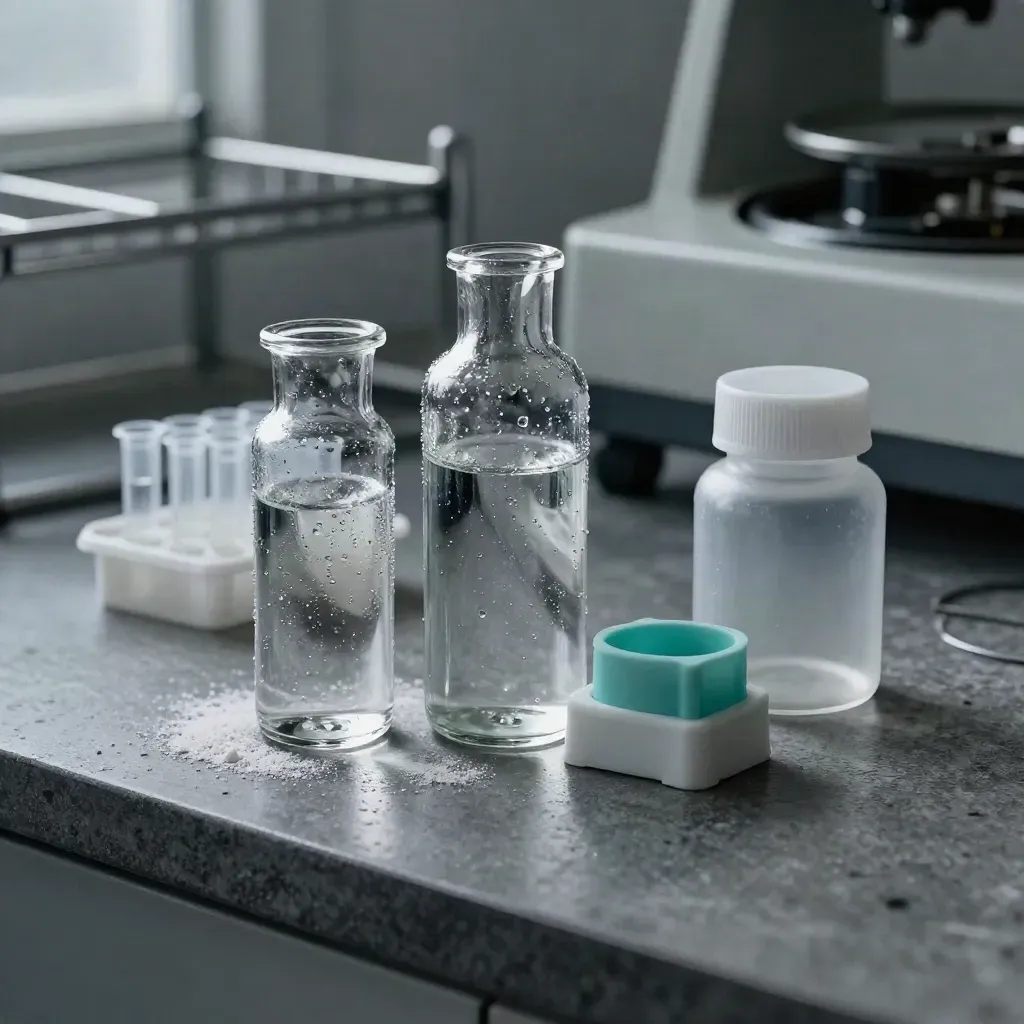 Lab vials, pipette tips and tube rack on dark concrete with moody light