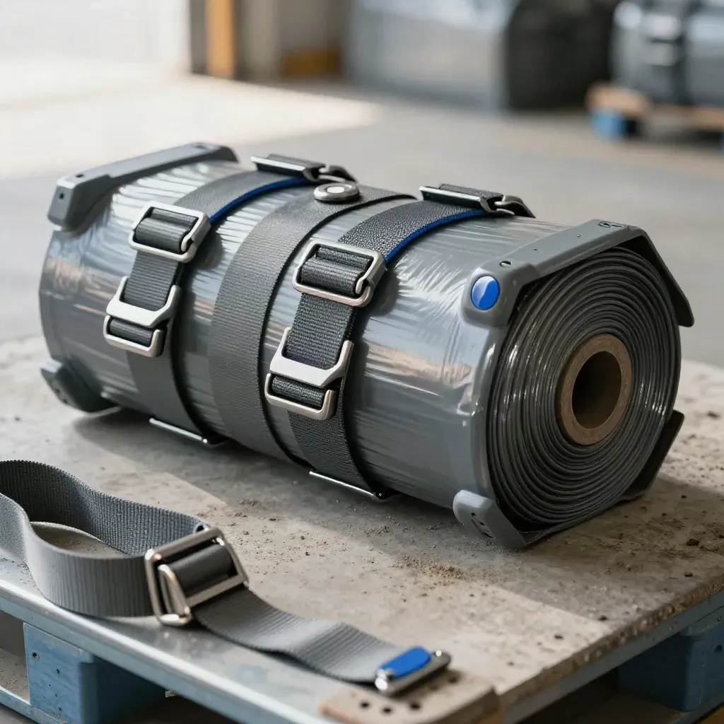 Ratchet straps, cargo seals and stretch wrap bundled on pale concrete in cool warehouse light.
