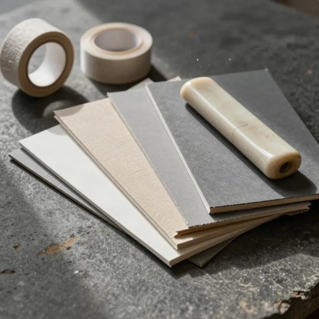 Bookbinding tools and paper signatures arranged on brushed stone in soft directional light.