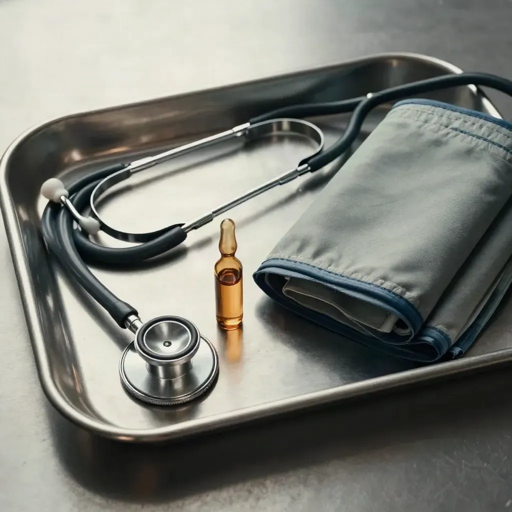 Top-down macro still life of a stethoscope, tray, ampoules and blood-pressure cuff on brushed steel.