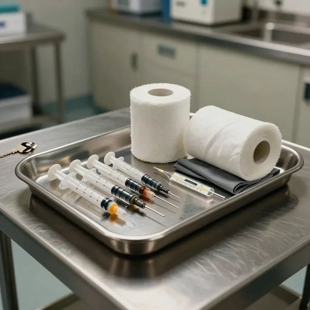 Medical procedure tray with capped syringes, gauze rolls and a thermometer on brushed metal.