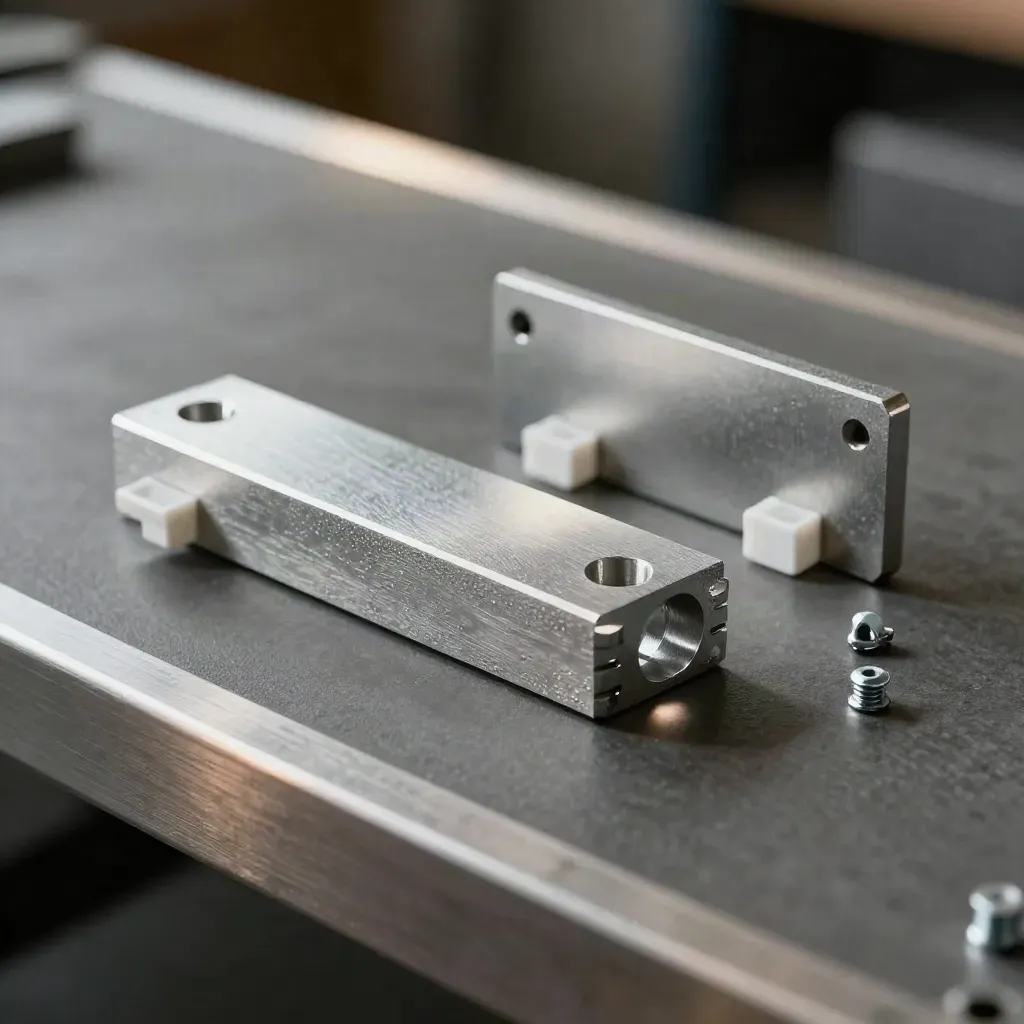 Aluminium bracket, corner plates and white cable clips on a graphite bench under raking light.