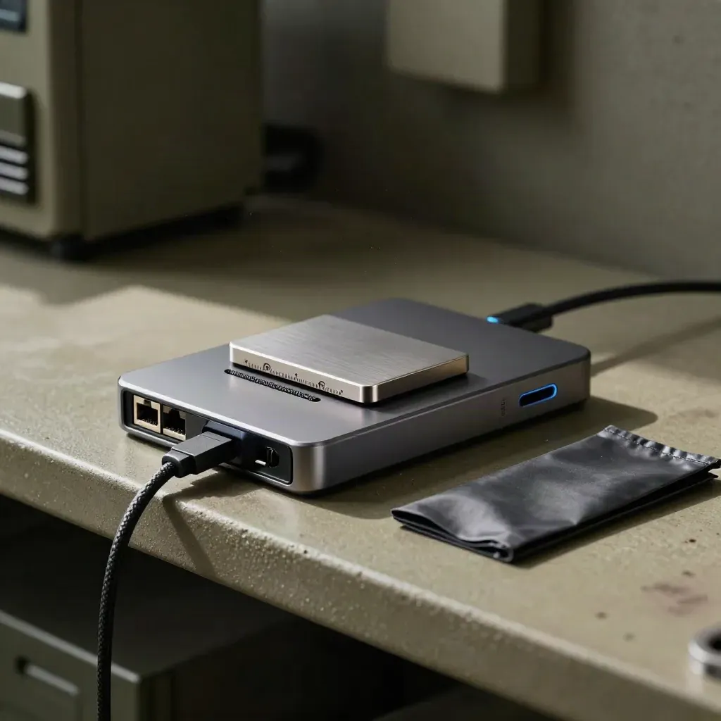 USB-C dock, SSD, network adapter and precision blocks on a khaki concrete service shelf.