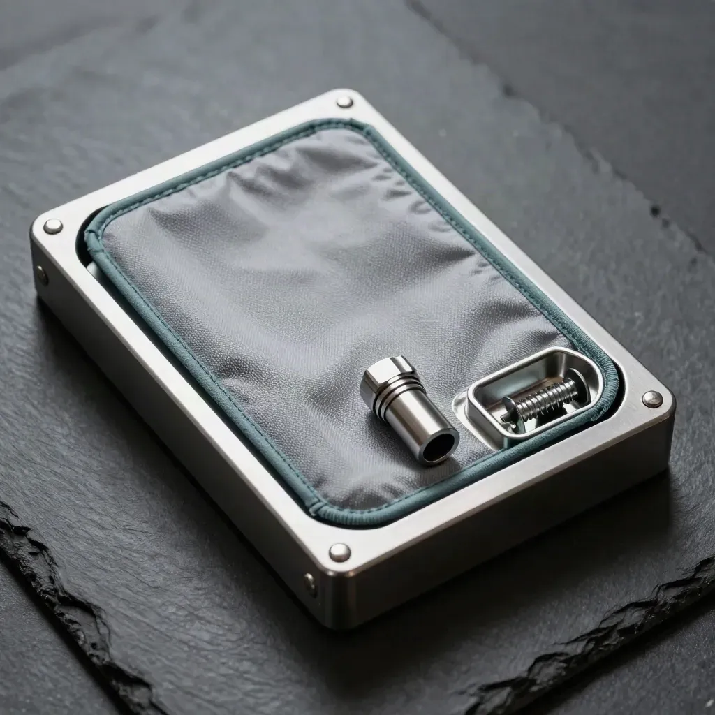 Server drive caddy, fibre coupler and screw kit on dark slate, overhead macro still life.