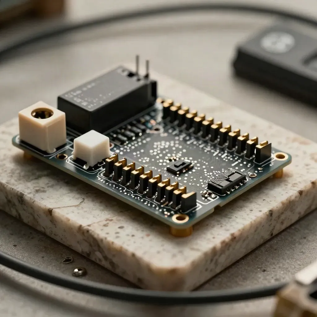 Microcontroller board, relay module, sensor puck, and pins on pale stone in dramatic macro light.
