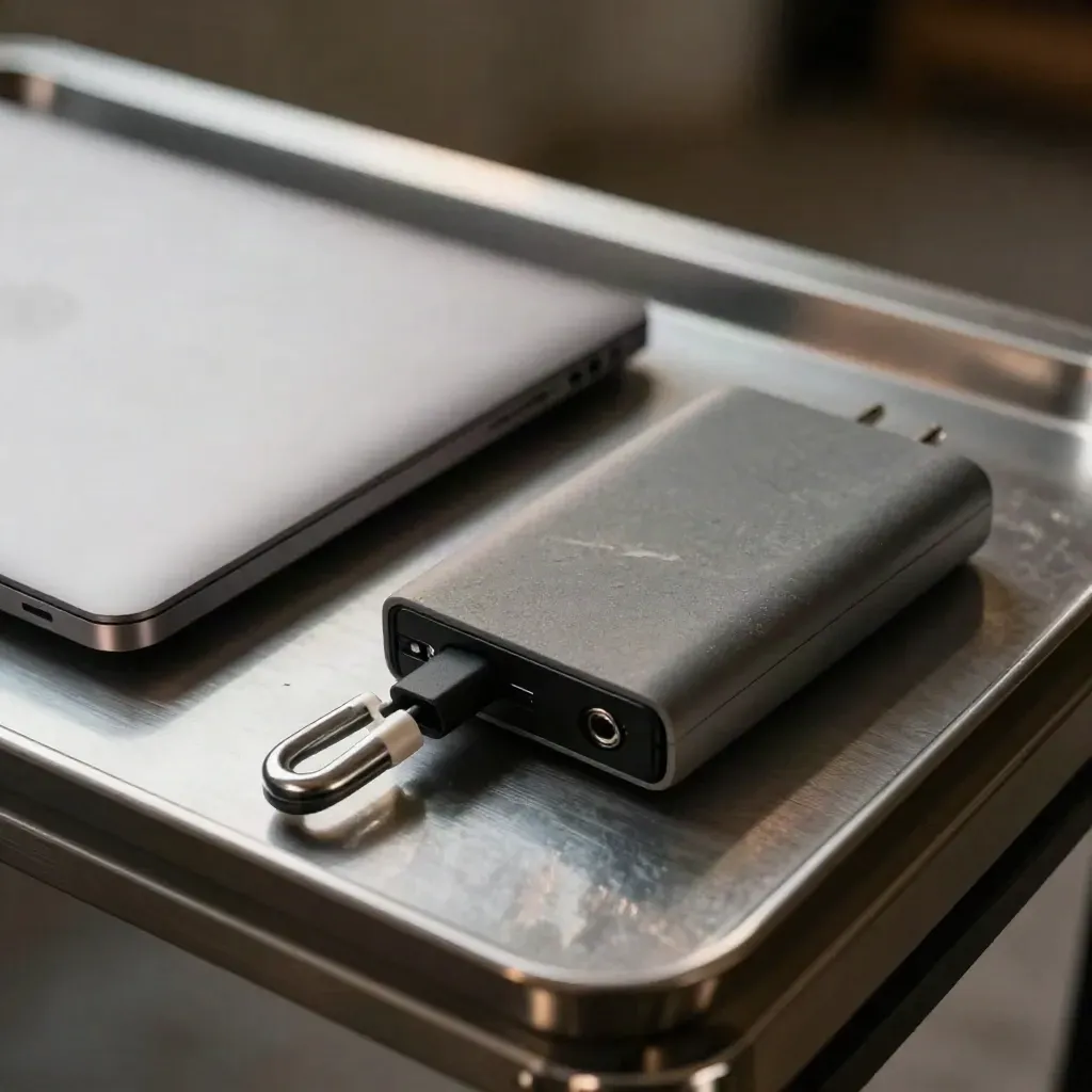 Closed laptop, backup drive, cable lock and charger on brushed metal with soft shadow.