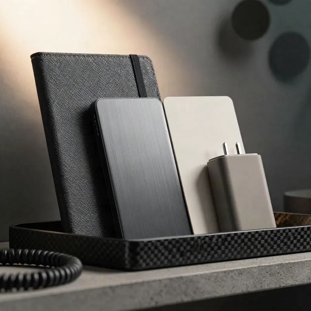 Macro launch kit: notebook, SSD, charger and prototype card through a blurred cable coil.
