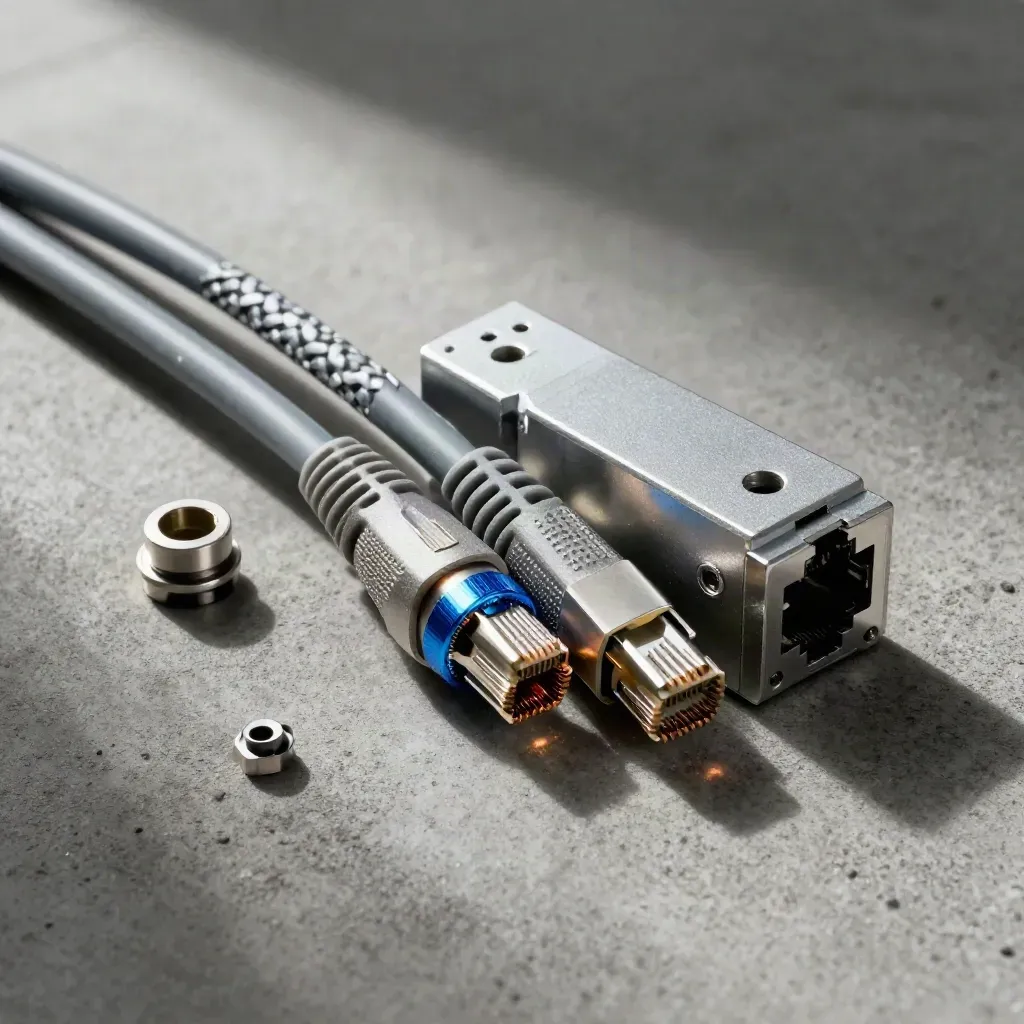 Top-down RJ45 couplers and junction block on concrete, lit with soft daylight.