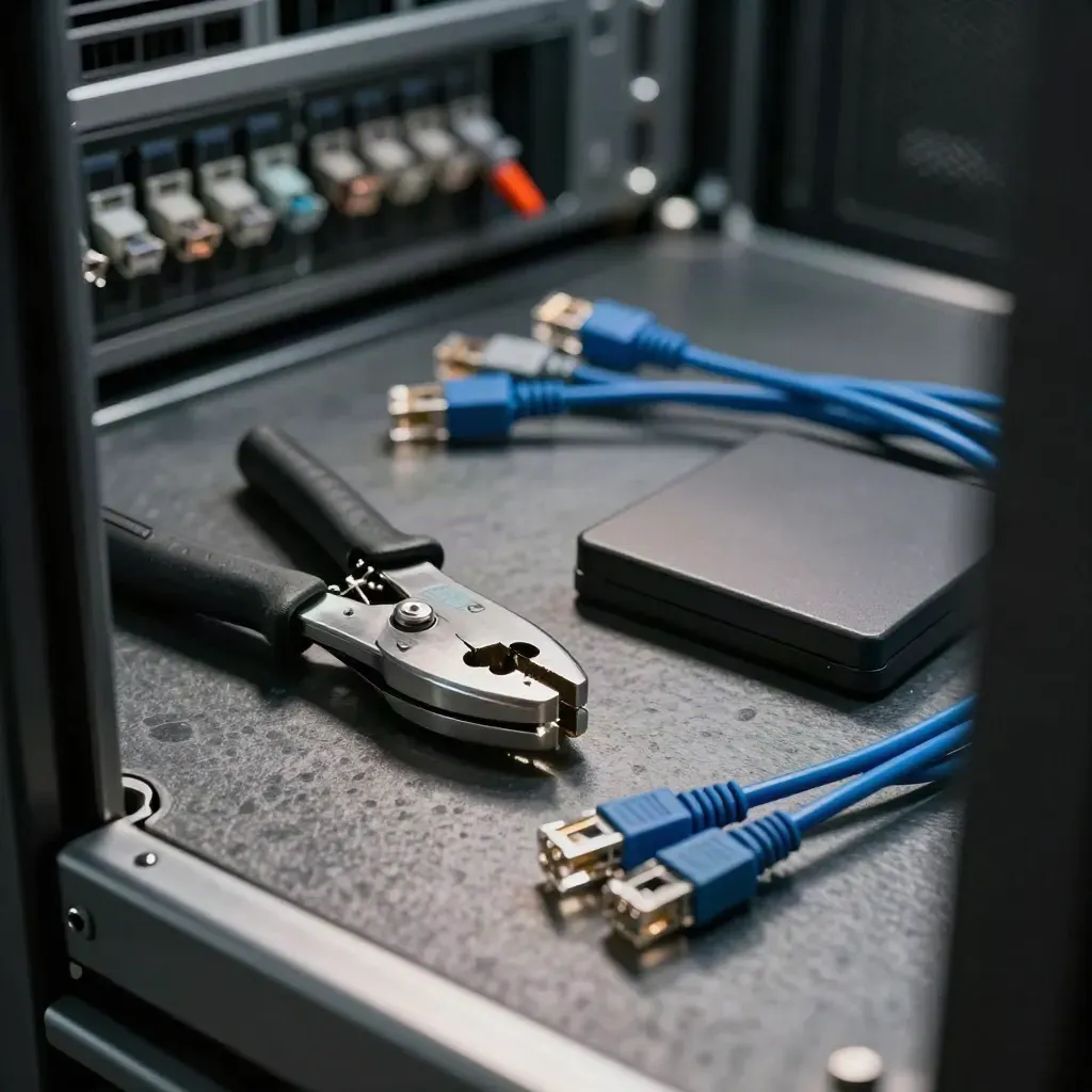 Ethernet crimp tool and patch leads beside a backup disk on stone, seen through a metal frame.