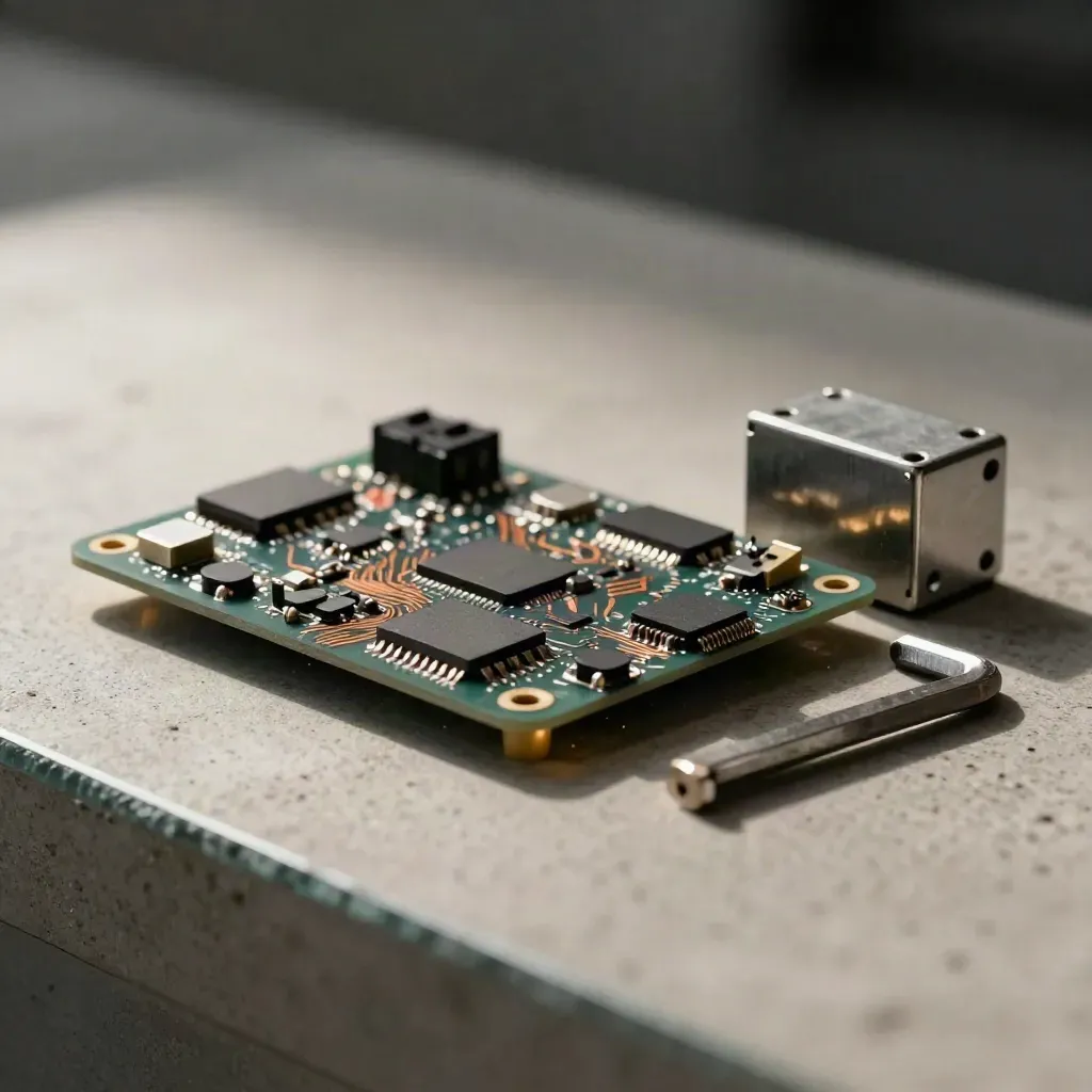 Prototype PCB, hex keys and enclosure on concrete beside a blurred glass edge.