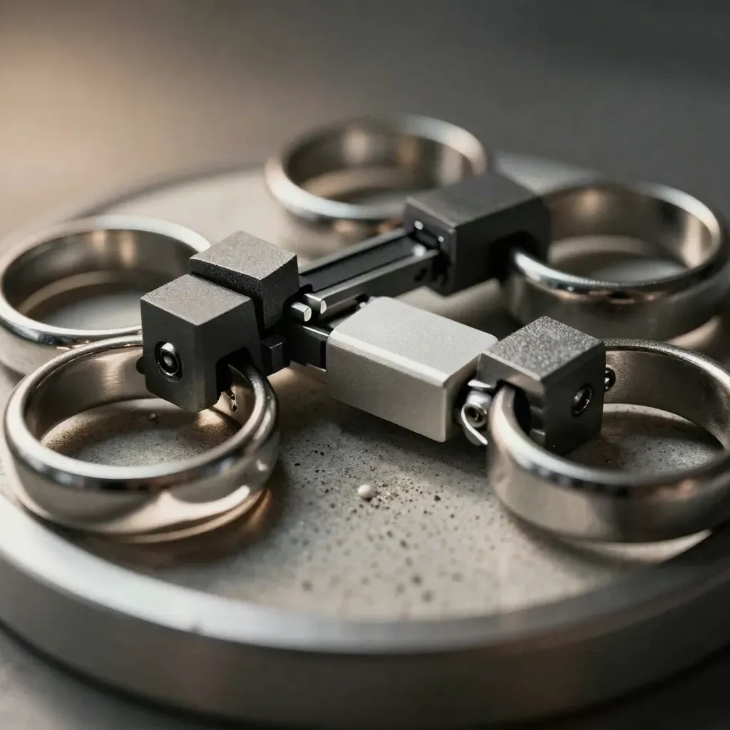 Linked machined rings and connector blocks on brushed concrete, lit with crisp directional light.