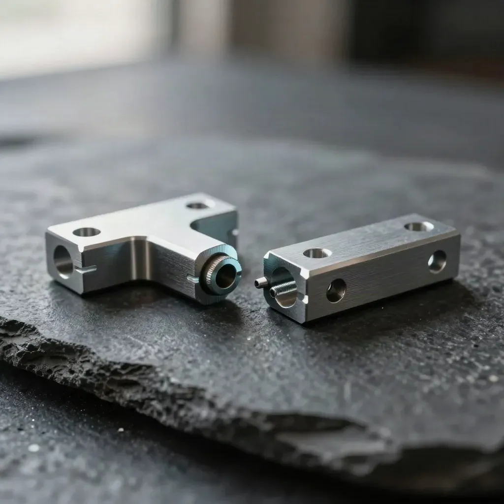 Nested aluminum modules and fasteners on dark stone with soft workshop haze