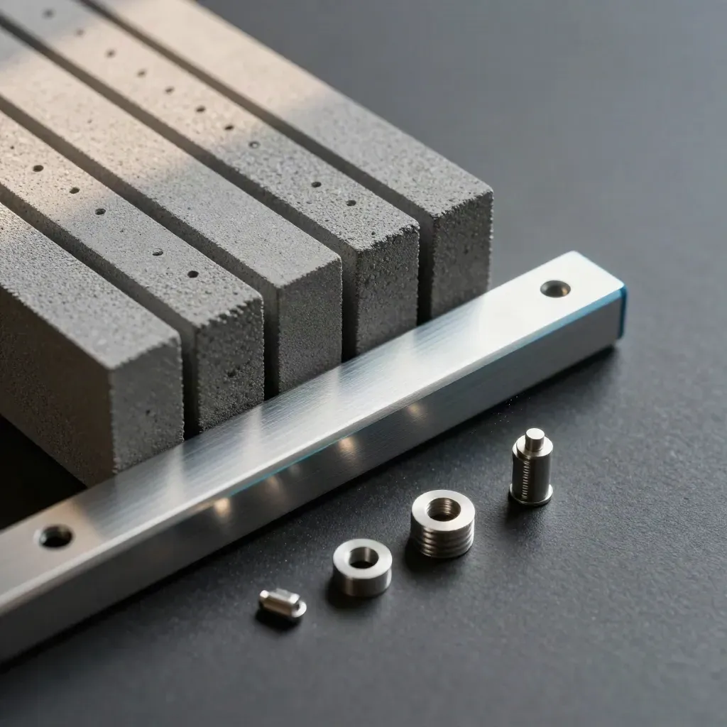 Top-down macro of modular tech blocks and a rail connector on brushed metal with a cobalt accent