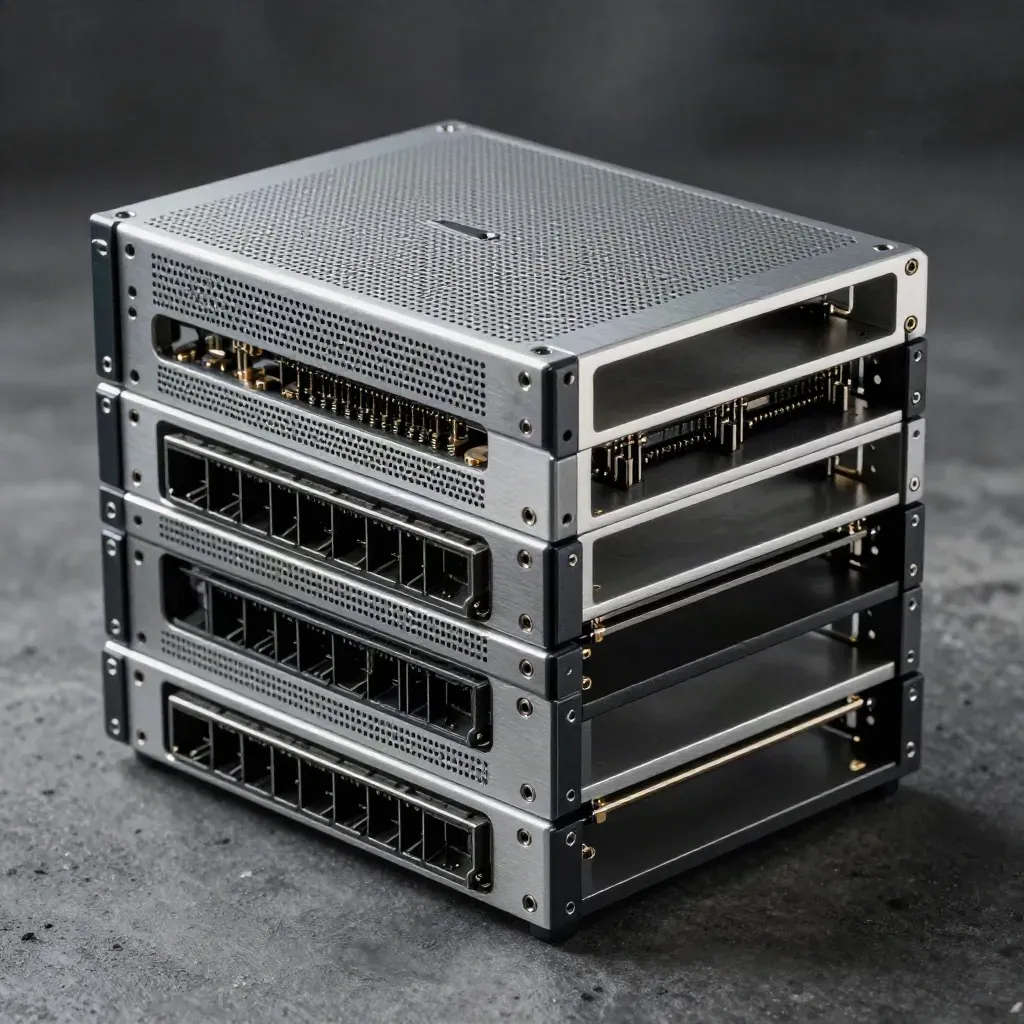 Layered server modules and a connector lattice on charcoal concrete under dramatic side light.