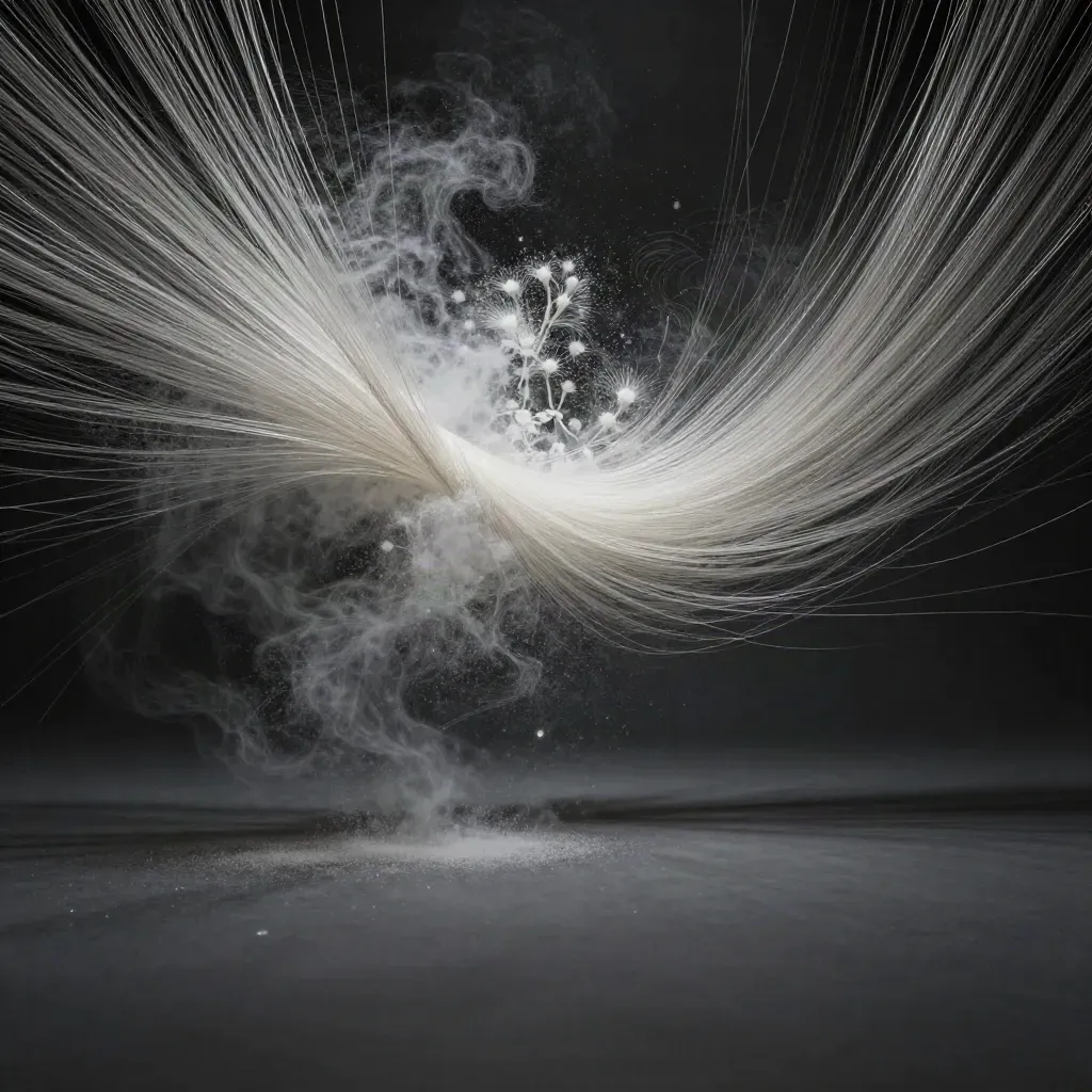 Silver light filaments converge in a graphite void with a soft off-centre bloom.